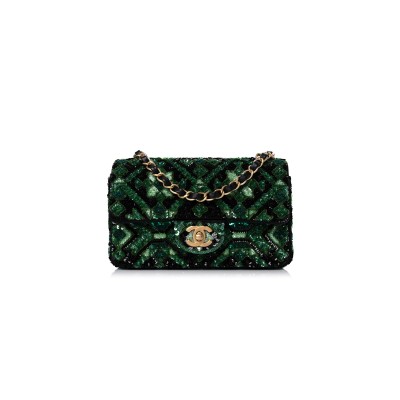 CHANEL SEQUIN MOSAIC MINI RECTANGULAR FLAP GREEN BLACK (20*11*8cm)